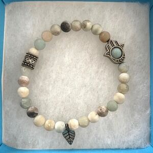 Amazonite Stone Bead Stretch Bracelet Hamsa Hand Leaf Charms Boho Sage Green